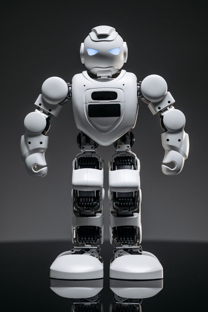 Close-up of a modern toy robot with glowing eyes showcasing technological innovation.